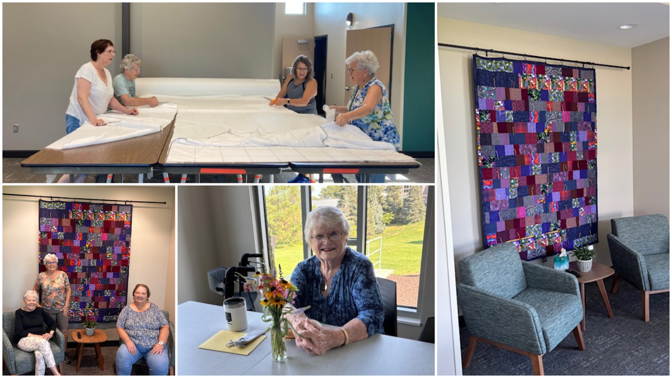 photo grid of a wall hanging quilt with the women who quilted it.